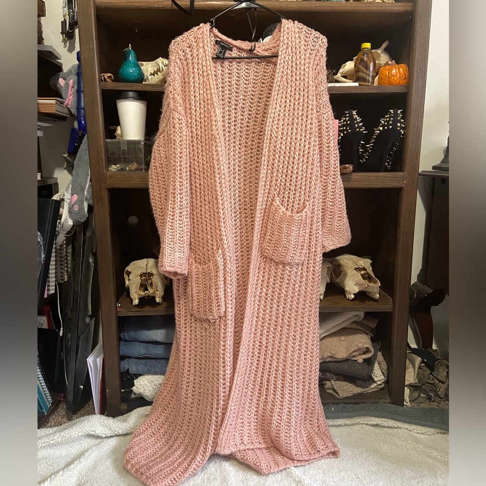 Forever 21 pink knit long cardigan duster chunky pockets euc